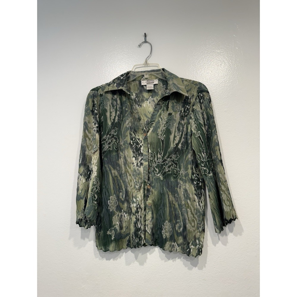 E K Designs Y2K Look Top Women's Size Small Crinkle Green Print Forest Fairy 90s